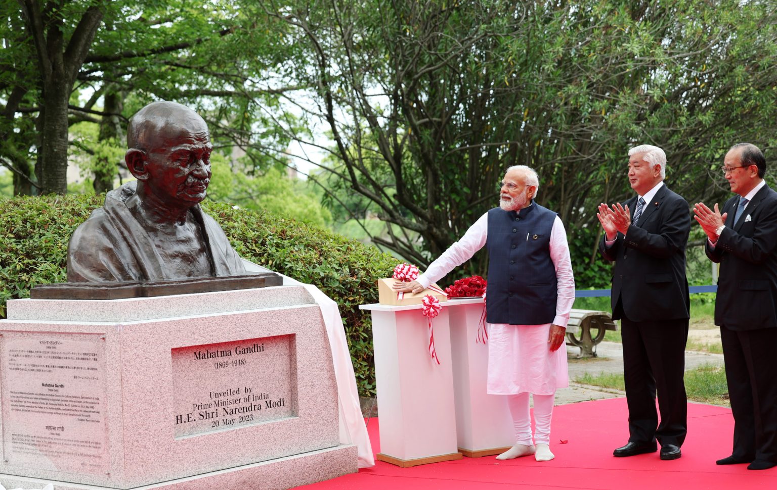 PM Modi unveils a statue of Mahatma Gandhi in Hiroshima, Japan, the site of the world’s first nuclear attack