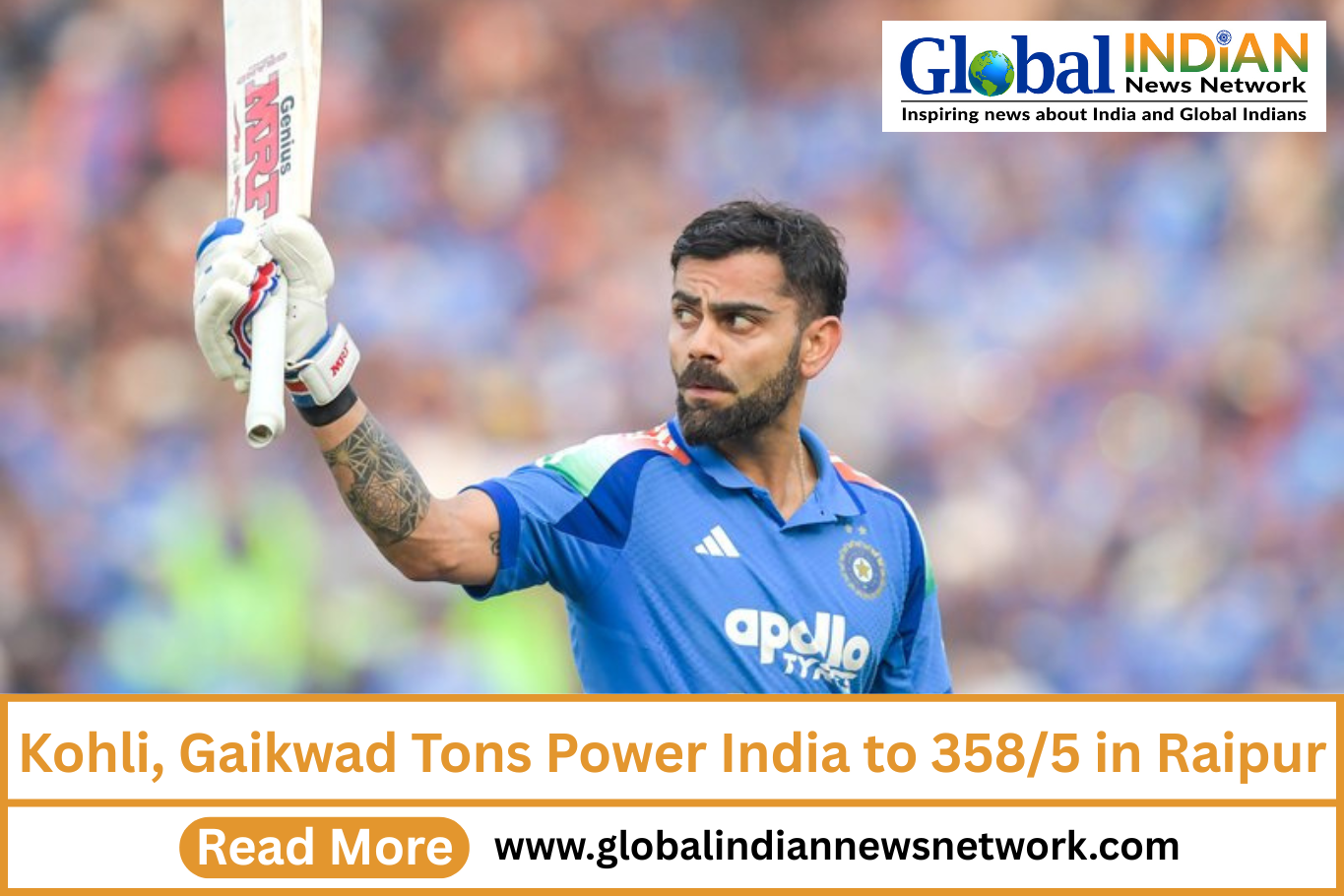 Kohli, Gaikwad Tons Power India to 358/5 in Raipur