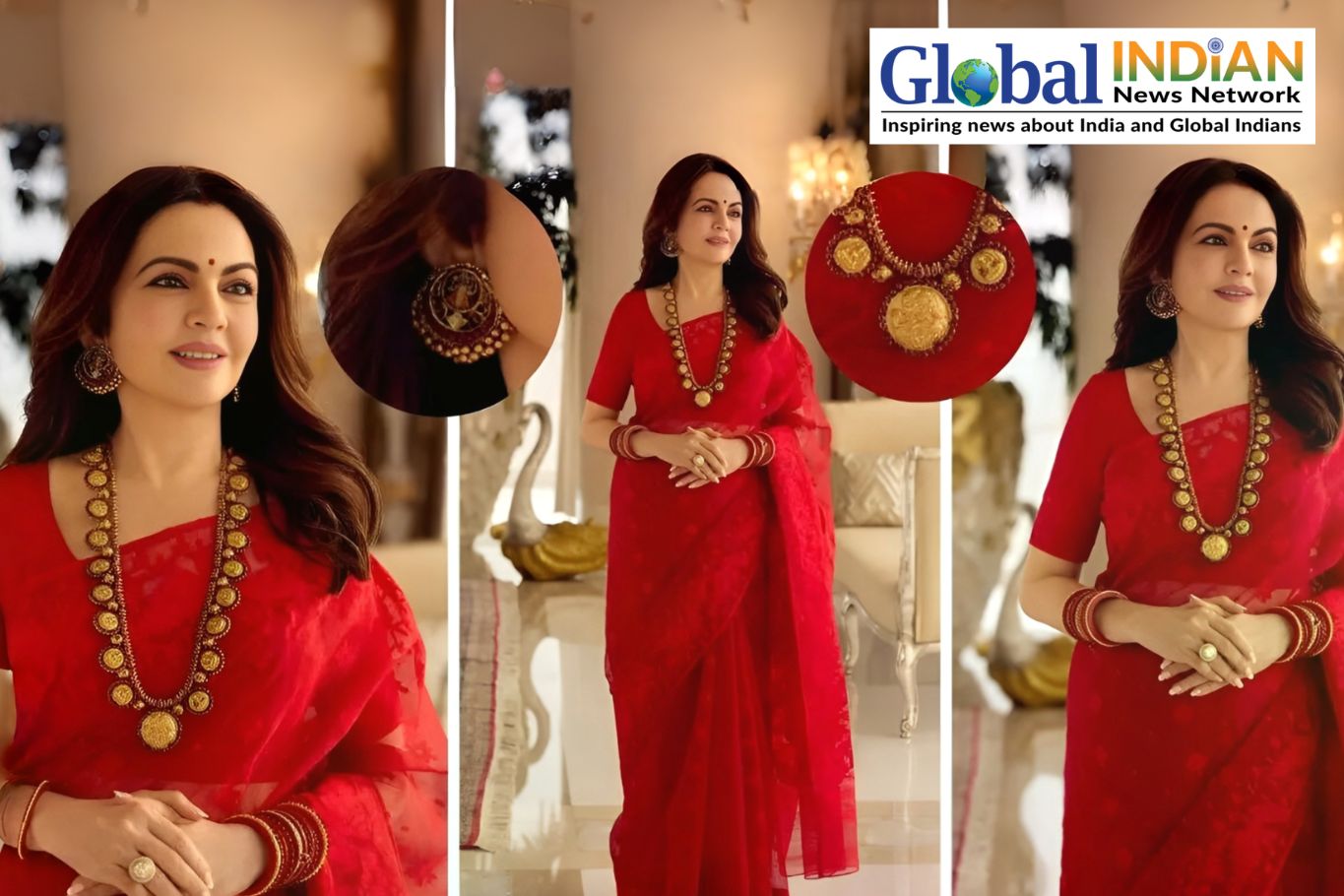 Nita Ambani celebrates Mukesh Ambani’s birthday in red saree