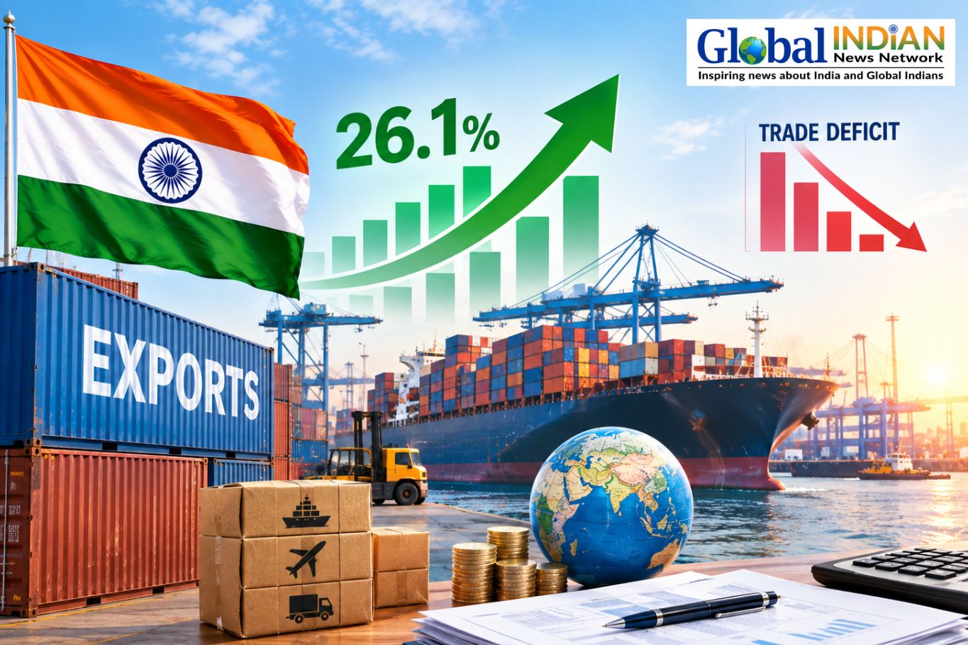 India’s Exports Jump 26.1% as Trade Deficit Narrows